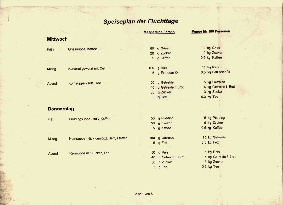 Ein Speiseplan für die Fluchttage vor "ihrer Abholung" von einem Raumschiff ( Lorenzianer nennen diesen Vorgang: Entrückung in einer Wolke )