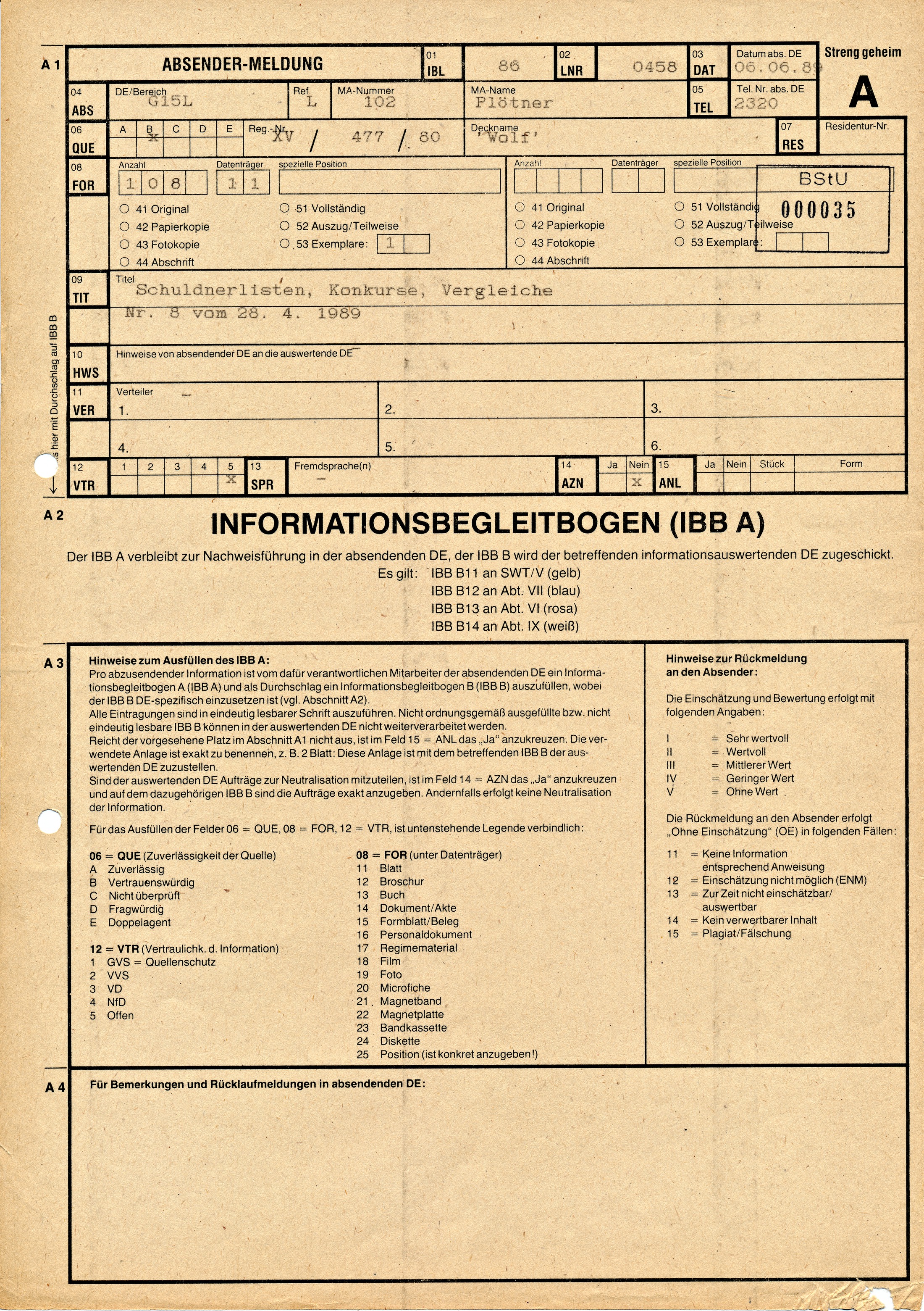 MfS Formular für IM - Bewertung