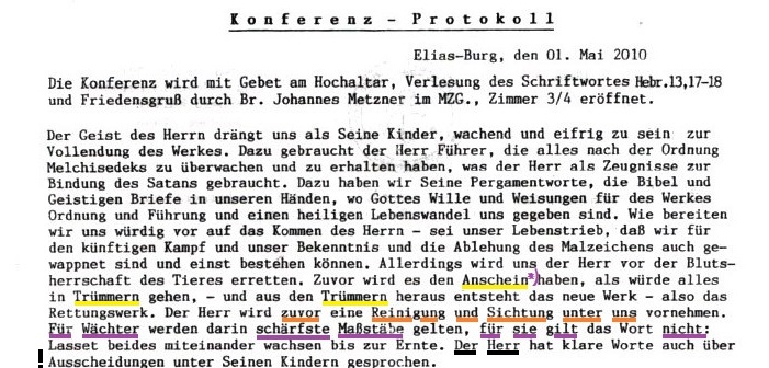 Konferenzprotokoll vom 1. Mai 2010: Der Herr wird uns vor der Blutherrschaft des Tieres ( Papst ) retten ...