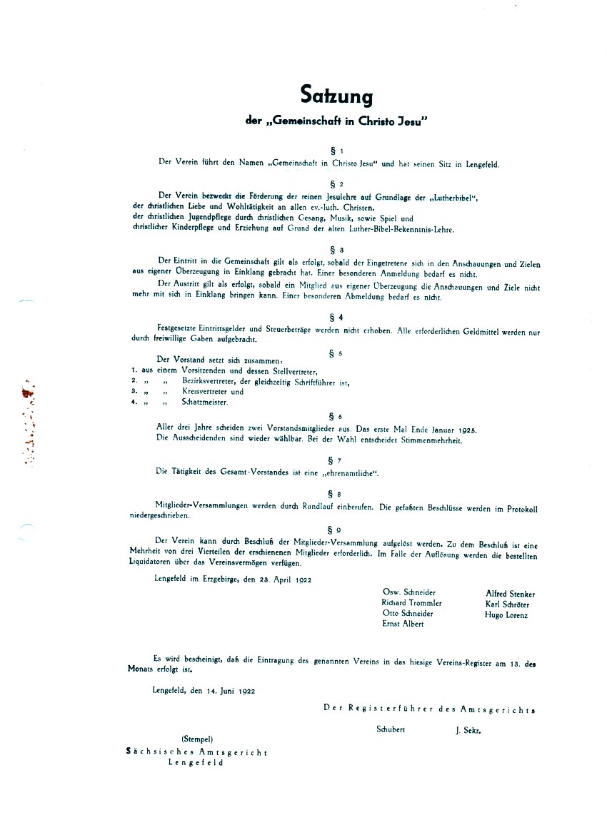Alte Vereinssatzung vom 14. Juni 1922